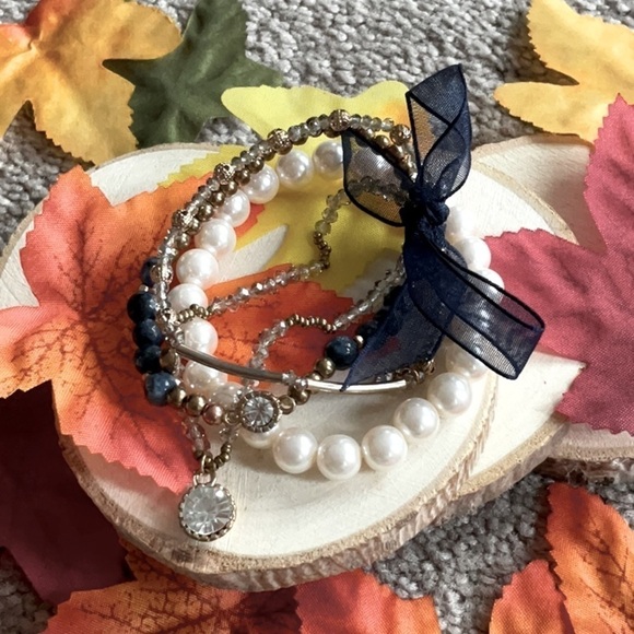PEARL CRYSTAL AND BEADS TIED WITH BLACK CHIFFON BOW STRETCH BRACELETS - Picture 1 of 2
